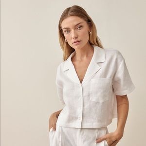 Reformation Linen Boxy Short Sleeved Collar Button Up Top White XL